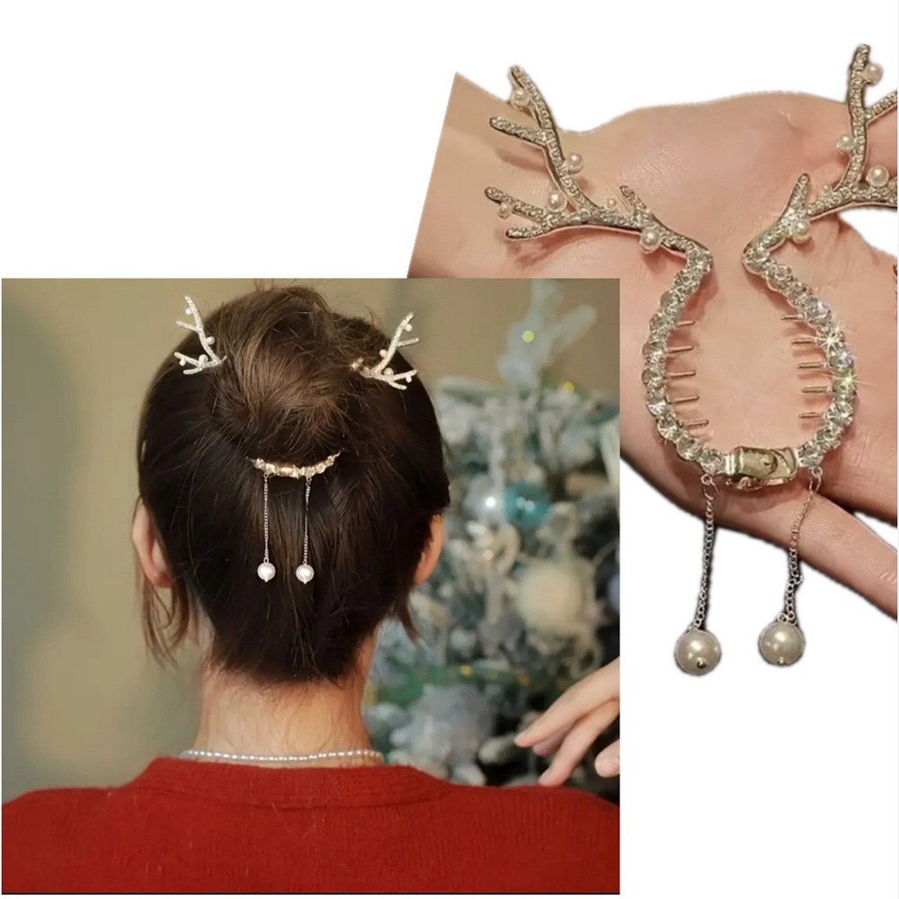 Christmas Reindeer Antlers Silver Hair Clip with Pearls & Crystal Embellishments